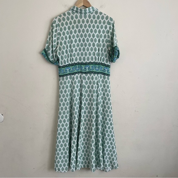 Sandro Niam Midi Dress Green Printed Linen Blend EU 42 Short Sleeve Button Front - Picture 4 of 7